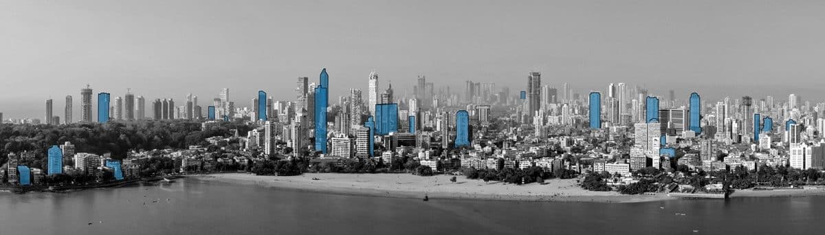 The blue highlighted buildings on the horizon have been designed and completed by Access Architects.